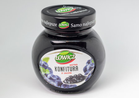 Pruszcz Gdanski, Poland - January 8, 2020: Jar of Lowicz berry jam.のeditorial素材