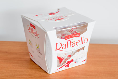 Pruszcz Gdanski, Poland - January 10, 2020: Box with Raffaello chocolates. Raffaello is produced by the Ferrero company.のeditorial素材