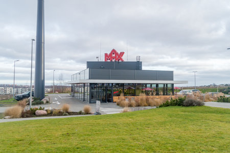 Gdansk, Poland - January 11, 2020: Max Burgers restaurant in Gdansk at cloudy day.のeditorial素材