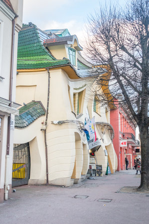 Sopot, Poland - January 16, 2020: Side view of crooked house at Heroes of Monte Cassino Street.のeditorial素材