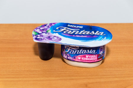 Pruszcz Gdanski, Poland - January 16, 2020: Danone Fantasia yogurt with blueberries.のeditorial素材