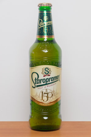 Pruszcz Gdanski, Poland - January 16, 2020: Bottle of Staropramen beer. Staropramen Brewery is the second largest brewery in the Czech Republic.のeditorial素材