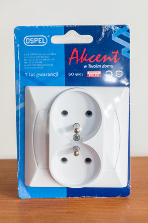 Pruszcz Gdanski, Poland - January 20, 2020: New Ospel Akcent electric socket on wooden table.のeditorial素材