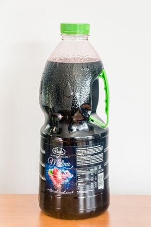 Pruszcz Gdanski, Poland - January 20, 2020: Big plastic bottle of Paola raspberry juice.のeditorial素材