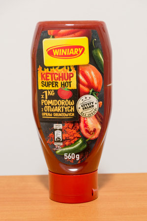 Pruszcz Gdanski, Poland - January 17, 2020: Winiary Super hot ketchup.のeditorial素材
