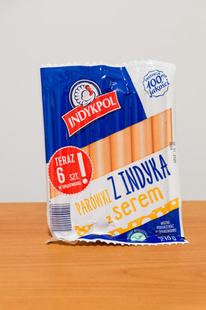 Pruszcz Gdanski, Poland - January 17, 2020: Indykpol sausages of turkey with cheese.のeditorial素材