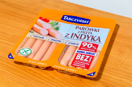 Pruszcz Gdanski, Poland - January 17, 2020: Tarczynski sausages of turkey.のeditorial素材