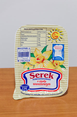 Pruszcz Gdanski, Poland - January 18, 2020: GS Mlecz Homogenized cheese with vanilla flavor.のeditorial素材