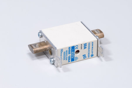 Pruszcz Gdanski, Poland - January 26, 2020: Jean Muller 50A industrial electrical fuse.のeditorial素材