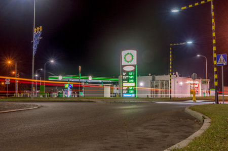 Pruszcz Gdanski, Poland - January 26, 2020: BP gas station at night.のeditorial素材