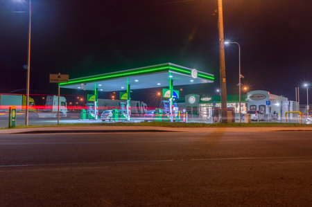 Pruszcz Gdanski, Poland - January 26, 2020: BP gas station at night. BP (formerly The British Petroleum Company plc and BP Amoco plc) is a multinational oil and gas company headquartered in London.のeditorial素材