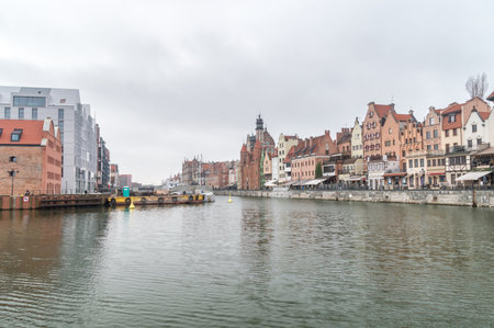 Gdansk, Poland - January 26, 2020: Motlawa river in Gdansk at cloudy day.のeditorial素材