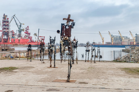Gdansk, Poland - January 27, 2020: Rozbitkowie i Pakerzy sculpture made by Czaslaw Podlesny at Gdansk shipyard.のeditorial素材