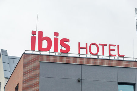 Gdansk, Poland - January 27, 2020: Logo of european hotel chain ibis.のeditorial素材