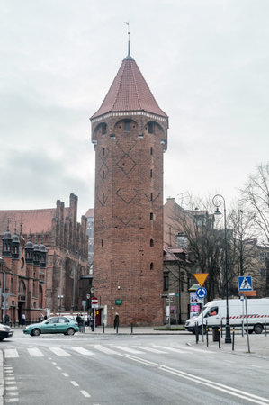 Gdansk, Poland - January 27, 2020: St. Hyacinth Tower at cloudy day.のeditorial素材