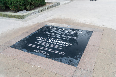 Gdansk, Poland - January 27, 2020: Memorial plaque for Pawel Adamowicz in the place where he was brutally murdered.のeditorial素材