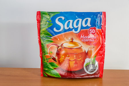 Pruszcz Gdanski, Poland - February 2, 2020: Package of Saga black tea.のeditorial素材
