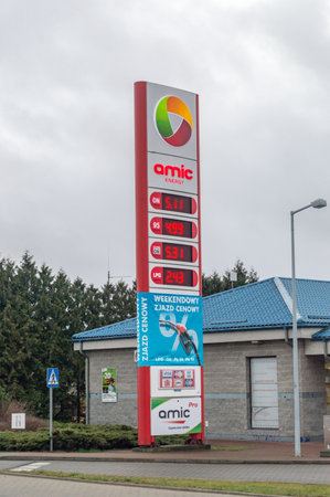 Pruszcz Gdanski, Poland - January 31, 2020: Price board at AMIC Energy gasoline station.のeditorial素材