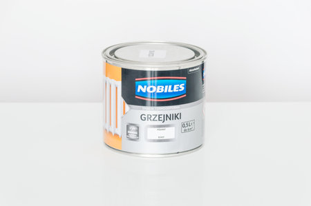Pruszcz Gdanski, Poland - February 1, 2020: White semi-matt paint for radiators. Heat-resistant and yellowing resistant.のeditorial素材