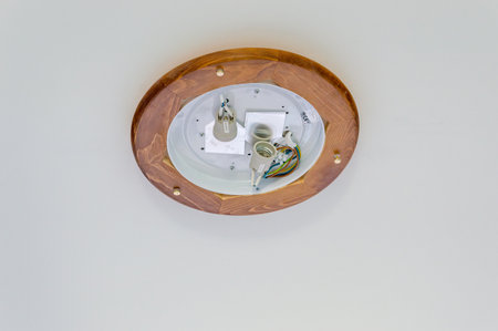 Pruszcz Gdanski, Poland - February 7, 2020: Instaling ceiling lamp. Ceiling lamp with connected electrical wires.のeditorial素材