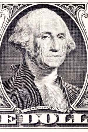 Portrait of first U.S. president George Washington on one USA dollar bill macro.のeditorial素材