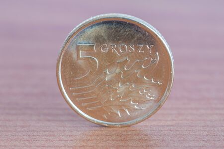 Polish 5 groszy coin on wooden table.の写真素材