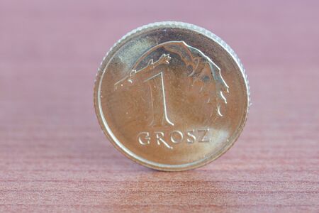 Polish 1 grosz coin on wooden table.の写真素材