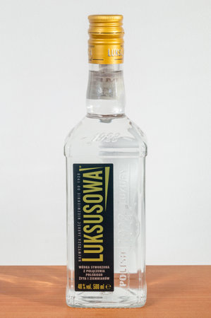Pruszcz Gdanski, Poland - February 16, 2020: Bottle of Luksusowa vodka. Wodka luksusowa is a brand of vodka from Poland that is distilled from potatoes.のeditorial素材