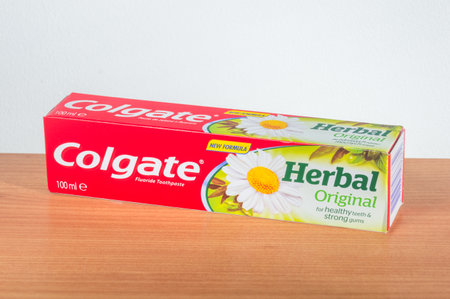 Pruszcz Gdanski, Poland - February 16, 2020: Colgate fluoride toothpaste herbal original for healthy teets & strong gums.のeditorial素材