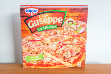 Pruszcz Gdanski, Poland - February 26, 2020: Dr. Oetker Gusseppe pizza Ham & Mushroom.のeditorial素材