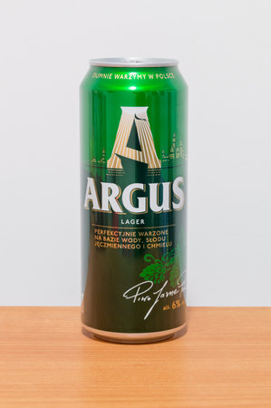 Pruszcz Gdanski, Poland - February 25, 2020: Argus lager beer on wooden table.のeditorial素材