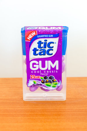 Pruszcz Gdanski, Poland - February 26, 2020: Tic Tac sugarfree gum cool cassis flavor.のeditorial素材