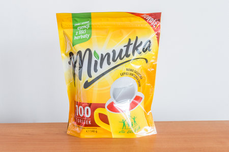 Pruszcz Gdanski, Poland - March 4, 2020: Package of Minutka black tea.のeditorial素材