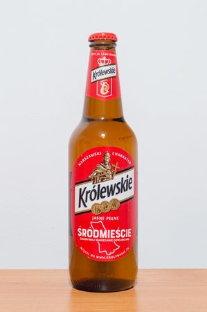 Pruszcz Gdanski, Poland - March 2, 2020: Bottle of Polish Krolewskie beer. Bottle with Srodmiescie district inscription of Warsaw city.のeditorial素材