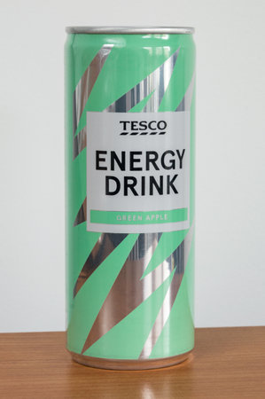 Pruszcz Gdanski, Poland - March 6, 2020: Tesco green apple energy drink.のeditorial素材