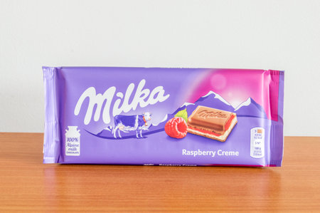 Pruszcz Gdanski, Poland - March 6, 2020: Milka alpine milk chocolate bar with raspberry creme.のeditorial素材