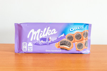 Pruszcz Gdanski, Poland - March 6, 2020: Milka alpine milk chocolate bar with Oreo Sandwich.のeditorial素材