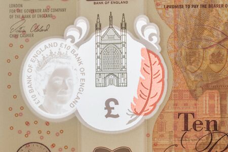 See-through window with Queen's portrait. Security on 10 Pound sterling (GBP) banknote.の写真素材
