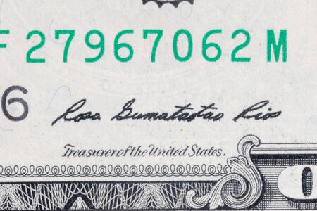 Treasurer of the United States Rosa Gumataotao Rios's signature on one US dollar bill.の写真素材