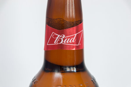 Pruszcz Gdanski, Poland - March 12, 2020: Logo of Bud on beer bottle.のeditorial素材