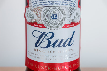 Pruszcz Gdanski, Poland - March 12, 2020: Close-up on Bud logo on beer bottle.のeditorial素材