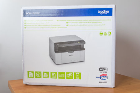 Pruszcz Gdanski, Poland - March 9, 2020: Box with Brother DCP-1610WE Compact Mono Laser All-In-One Printer with Wi-Fi.のeditorial素材