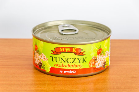 Pruszcz Gdanski, Poland - March 21, 2020: MK Tuna chopped in water.のeditorial素材