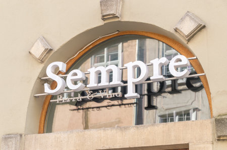 Gdansk, Poland - March 22, 2020: Logo and sign of Sempre Pizza & Vino. Sempre is restaurant with italian food.のeditorial素材