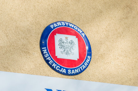 Pruszcz Gdanski, Poland - March 12, 2020: Emblem of State Sanitary Inspection (Polish: Panstwowa Inspekcja Sanitarna) comonly knows as sanepid.のeditorial素材
