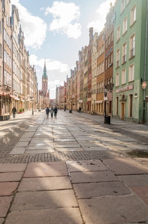 Gdansk, Poland - March 22, 2020: Long Lane street in old town of Gdansk. Almost empty city during...