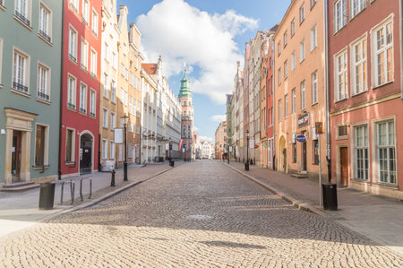 Gdansk, Poland - March 22, 2020: Tkacka street in old town of Gdansk. Empty city during the COVID-19 coronavirus.のeditorial素材