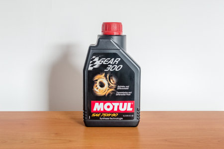 Pruszcz Gdanski, Poland - April 3, 2020: Bottle of Motul gear 300 75W-90 gear oil. Transmission and Differential Fluid.のeditorial素材