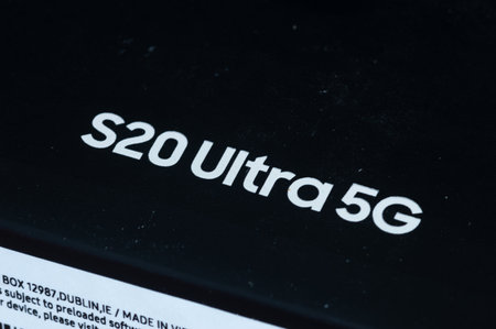 Pruszcz Gdanski, Poland - April 13, 2020: S20 Ultra 5G sign on the box of Samsung S20 Ultra 5G (SM-G988B/DS).のeditorial素材