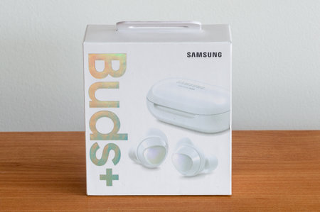 Pruszcz Gdanski, Poland - April 13, 2020: Box of Samsung Galaxy Buds+ headphones.のeditorial素材